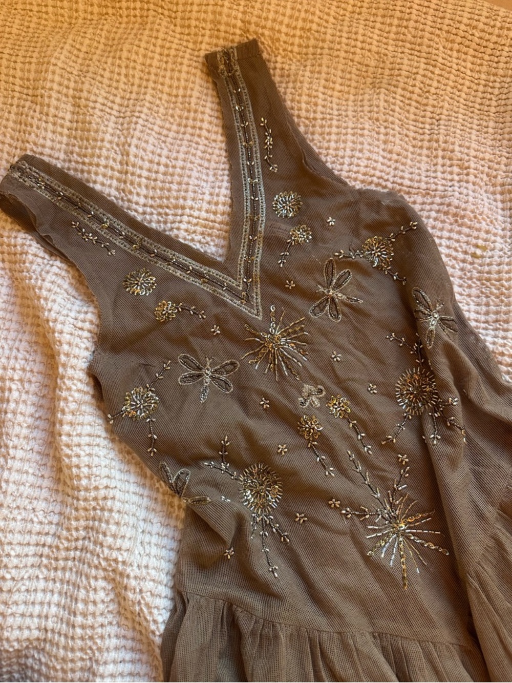 Free People Deadstock Embroidered V-Neck Dress in Taupe